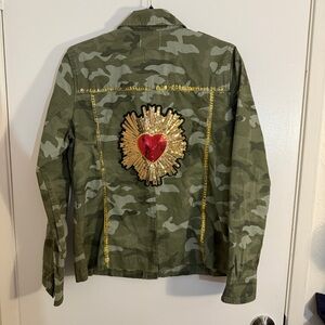 GAP Womens Small Olive Jacket with Graphic Hand Embroidered Embellishment Patch